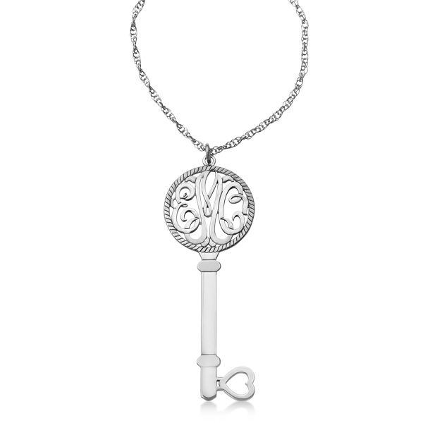 Personalized Key Initial Monogram Pendant Necklace in 14k White Gold