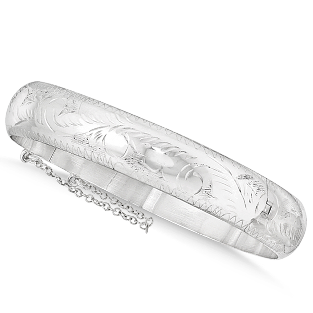Fancy Hinged Bangle Bracelet in Plain Metal Sterling Silver