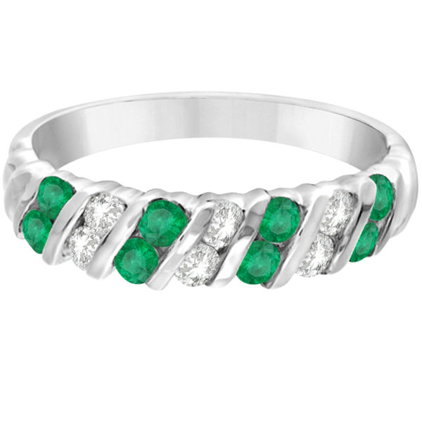 Bar Set Diamond and Emerald Band 14k White Gold (0.64ctw) Allurez