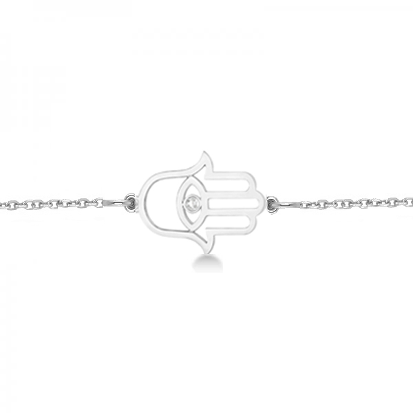 Hamsa Evil Eye Diamond Chain Bracelet 14k White Gold (0.02ct)