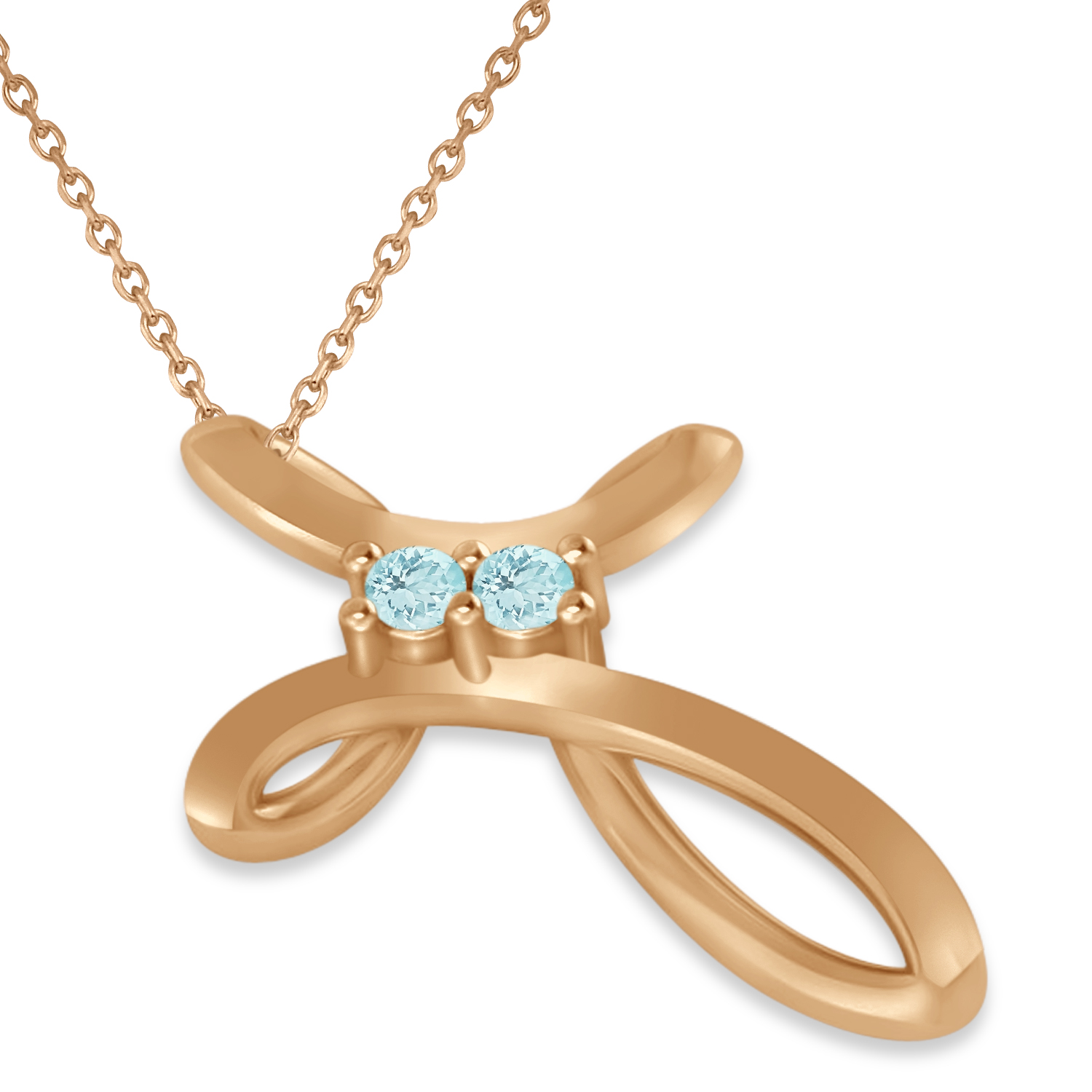 Aquamarine Two Stone Religious Cross Pendant Necklace 14k Rose Gold (0.10ct)