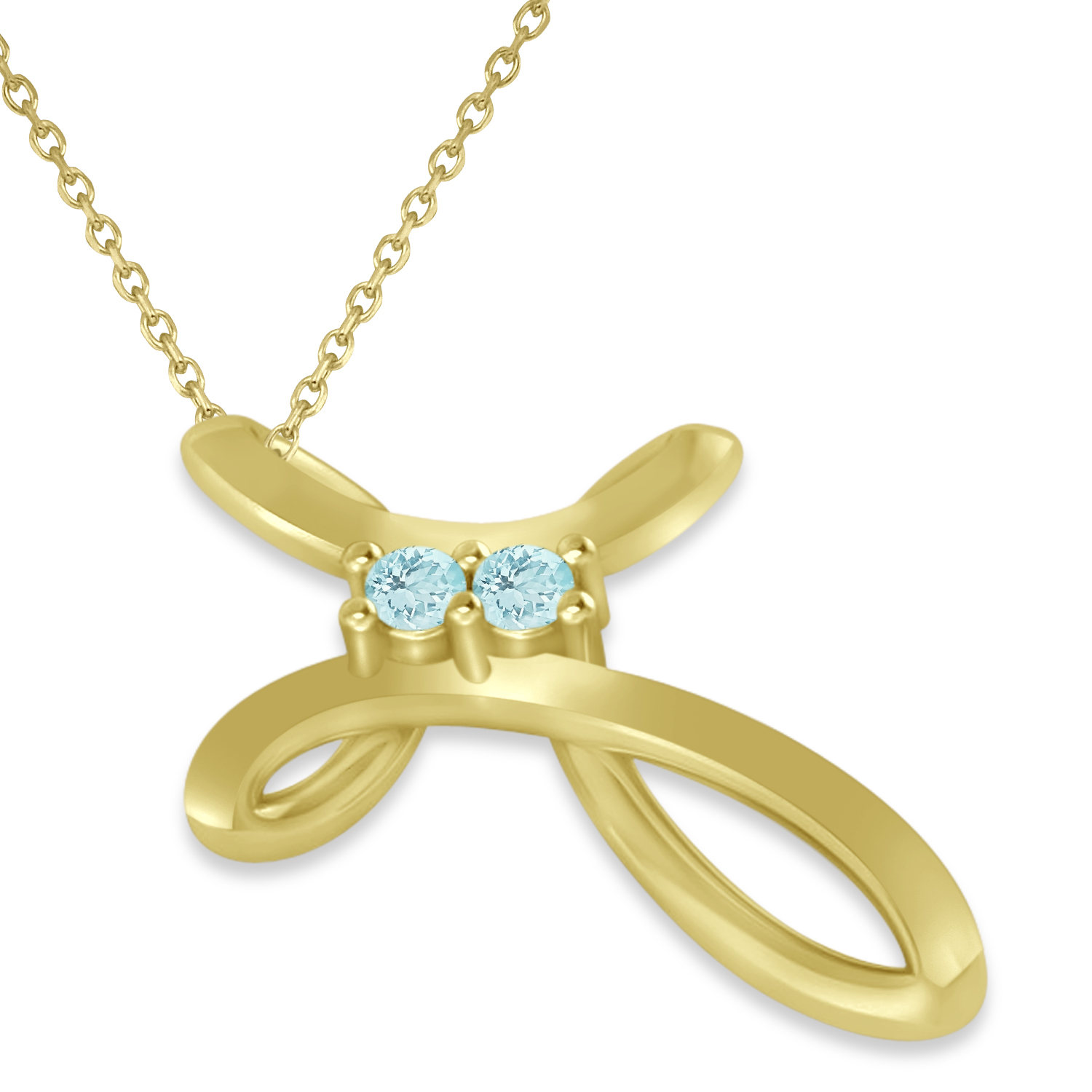 Aquamarine Two Stone Religious Cross Pendant Necklace 14k Yellow Gold (0.10ct)