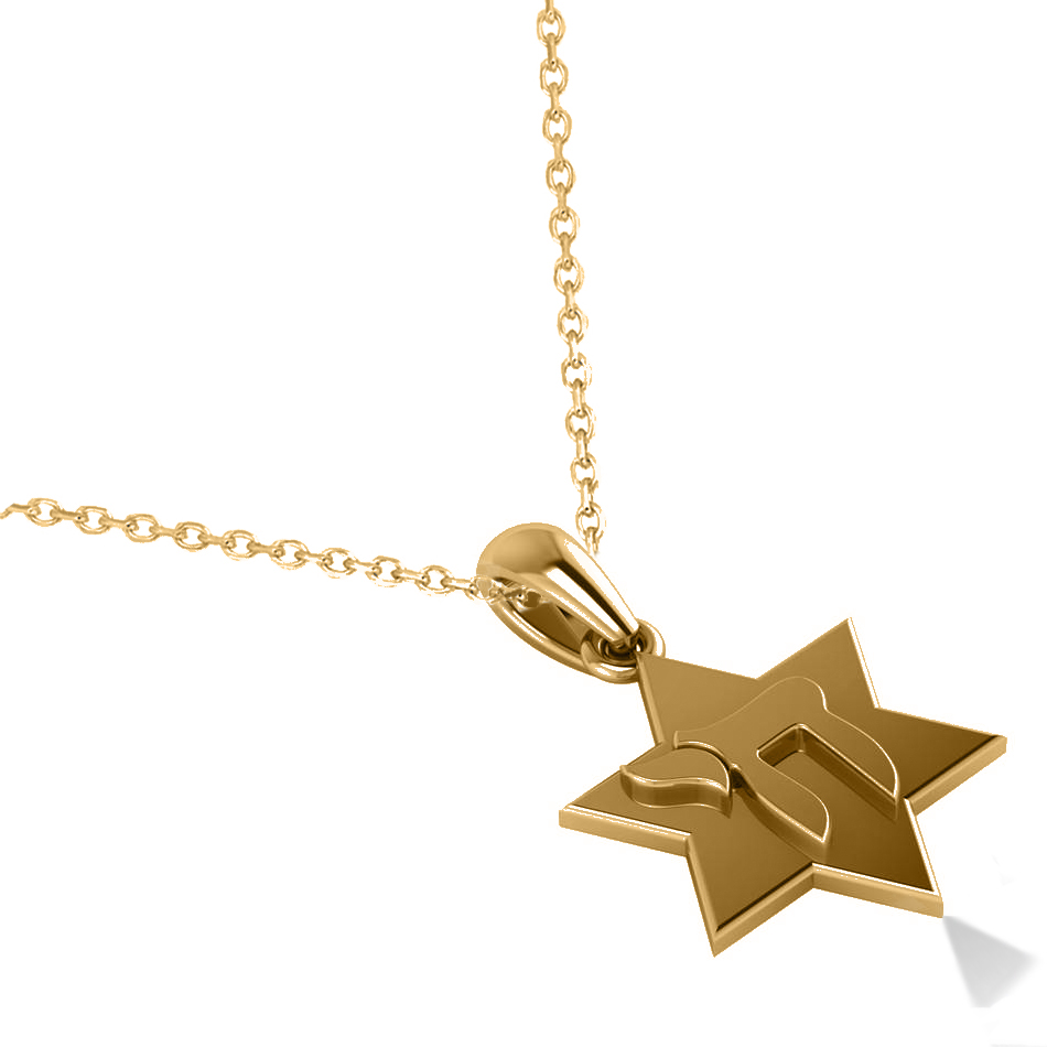 Jewish Star of David & Chai Pendant Necklace 14k Yellow Gold