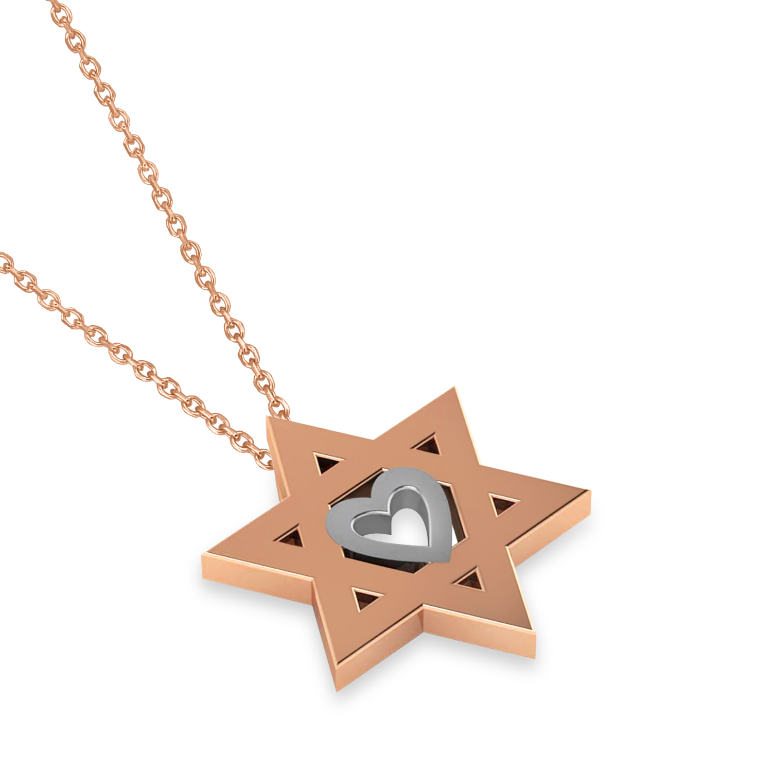 Jewish Star of David & Heart Pendant Necklace 14K Two-Tone Rose Gold
