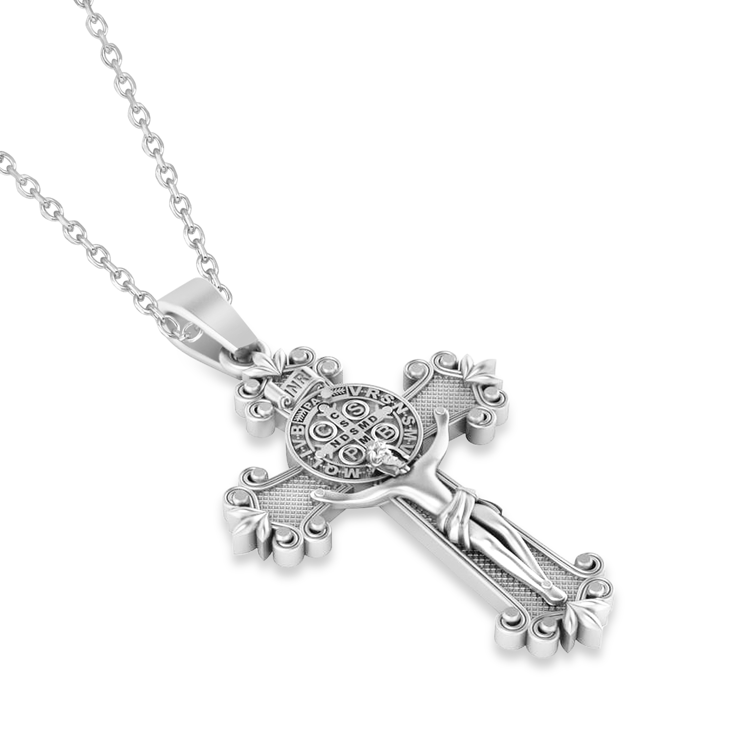 Cross Benedict Crucifix Pendant Necklace 14k White Gold