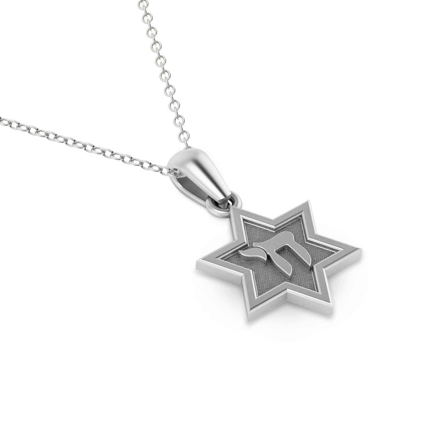 Jewish Star of David with Chai Pendant Necklace 14K White Gold