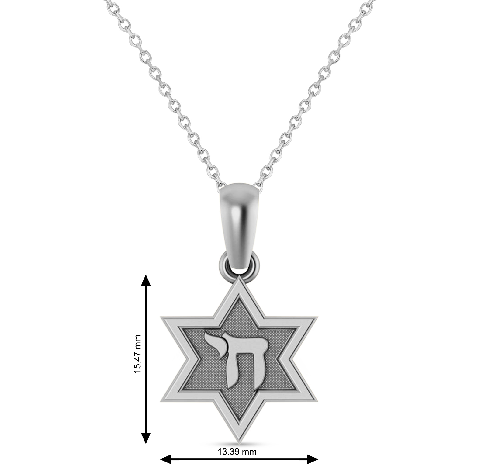 Jewish Star of David with Chai Pendant Necklace 14K White Gold