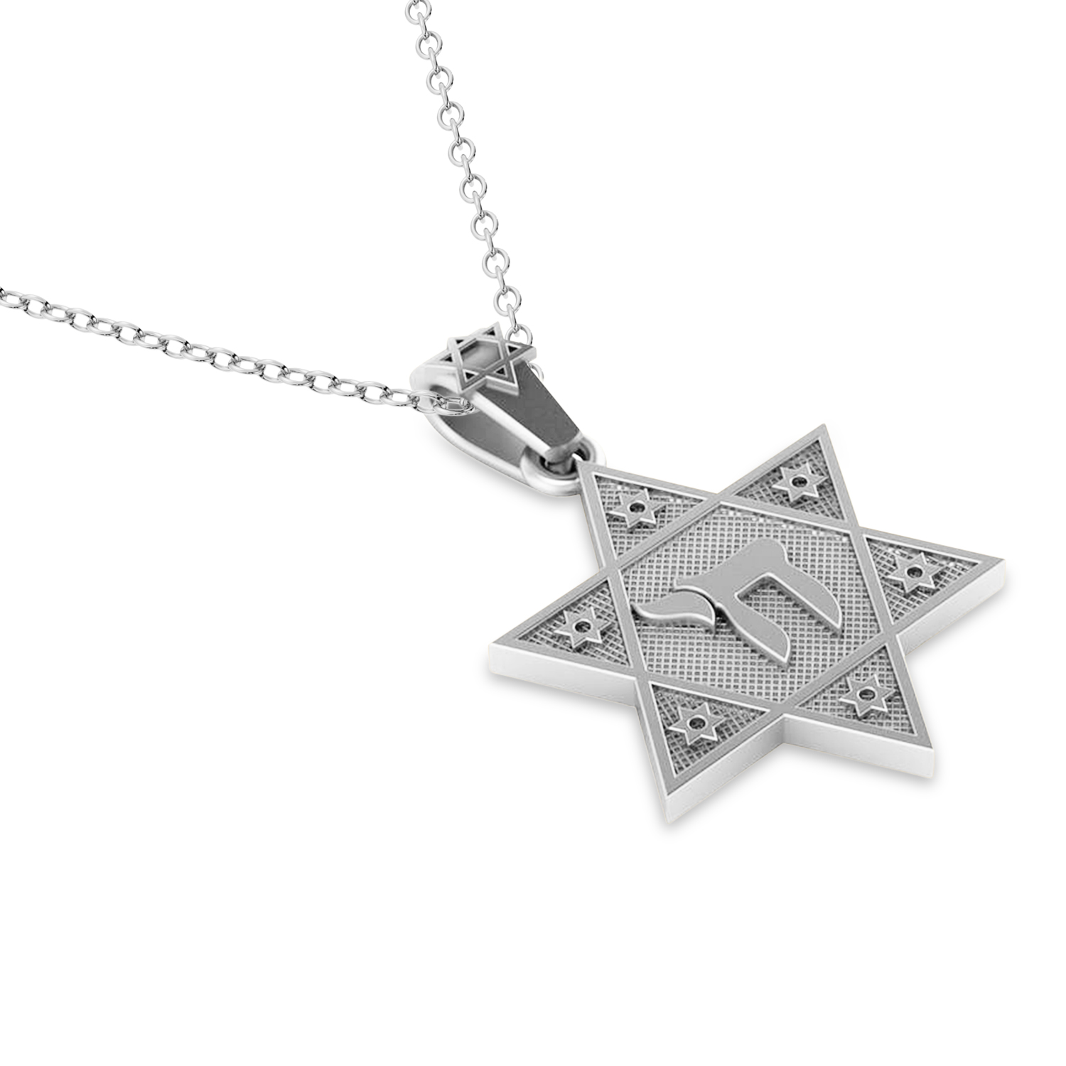 Jewish Star of David with Chai Pendant Necklace 14K White Gold