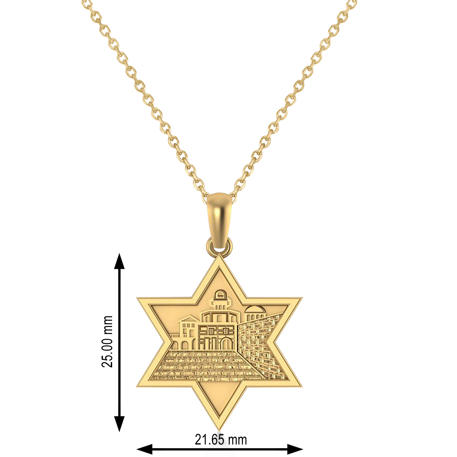 Jerusalem Motif Jewish Star of David Pendant Necklace 14K Yellow Gold