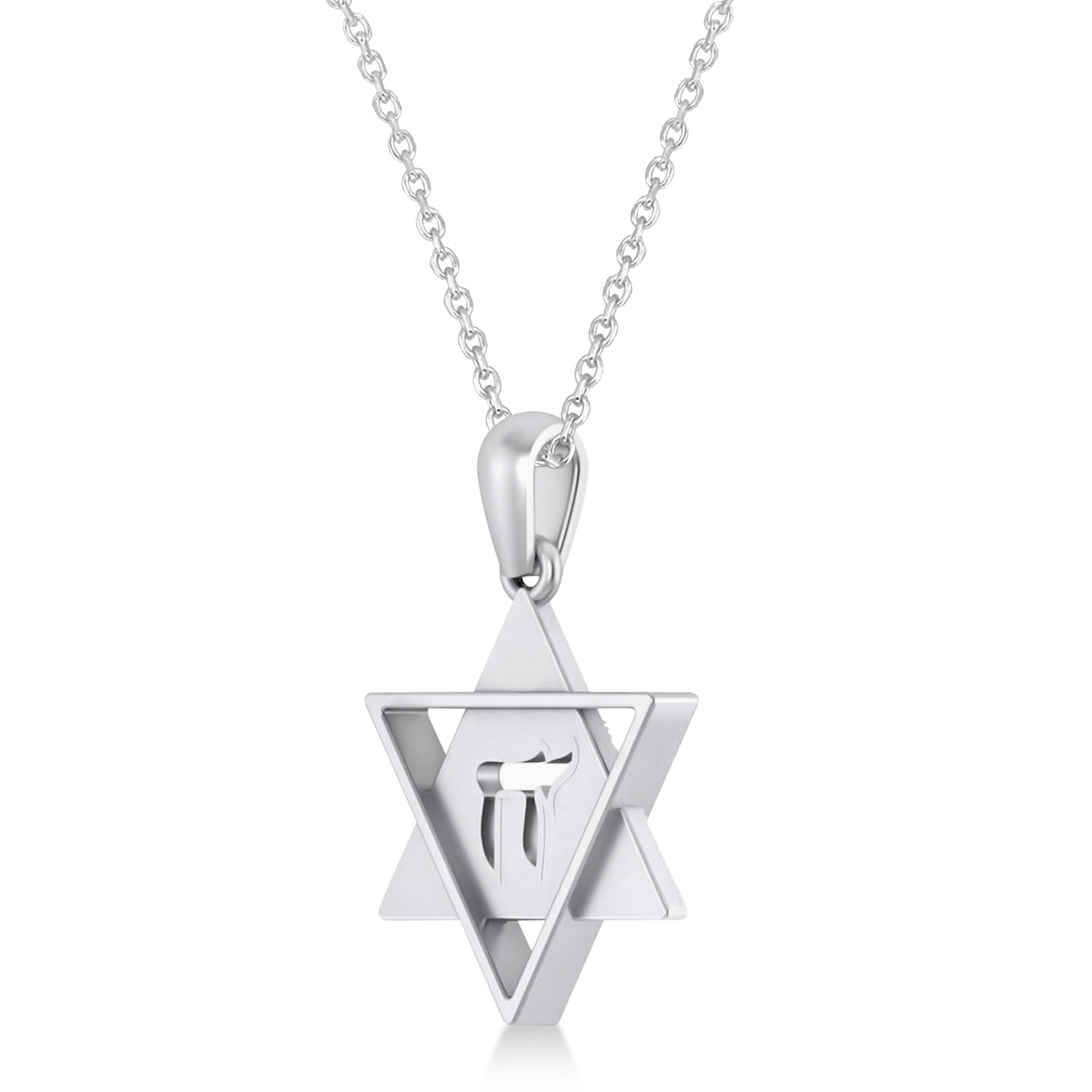 Jewish Star of David with Chai Pendant Necklace 14K White Gold