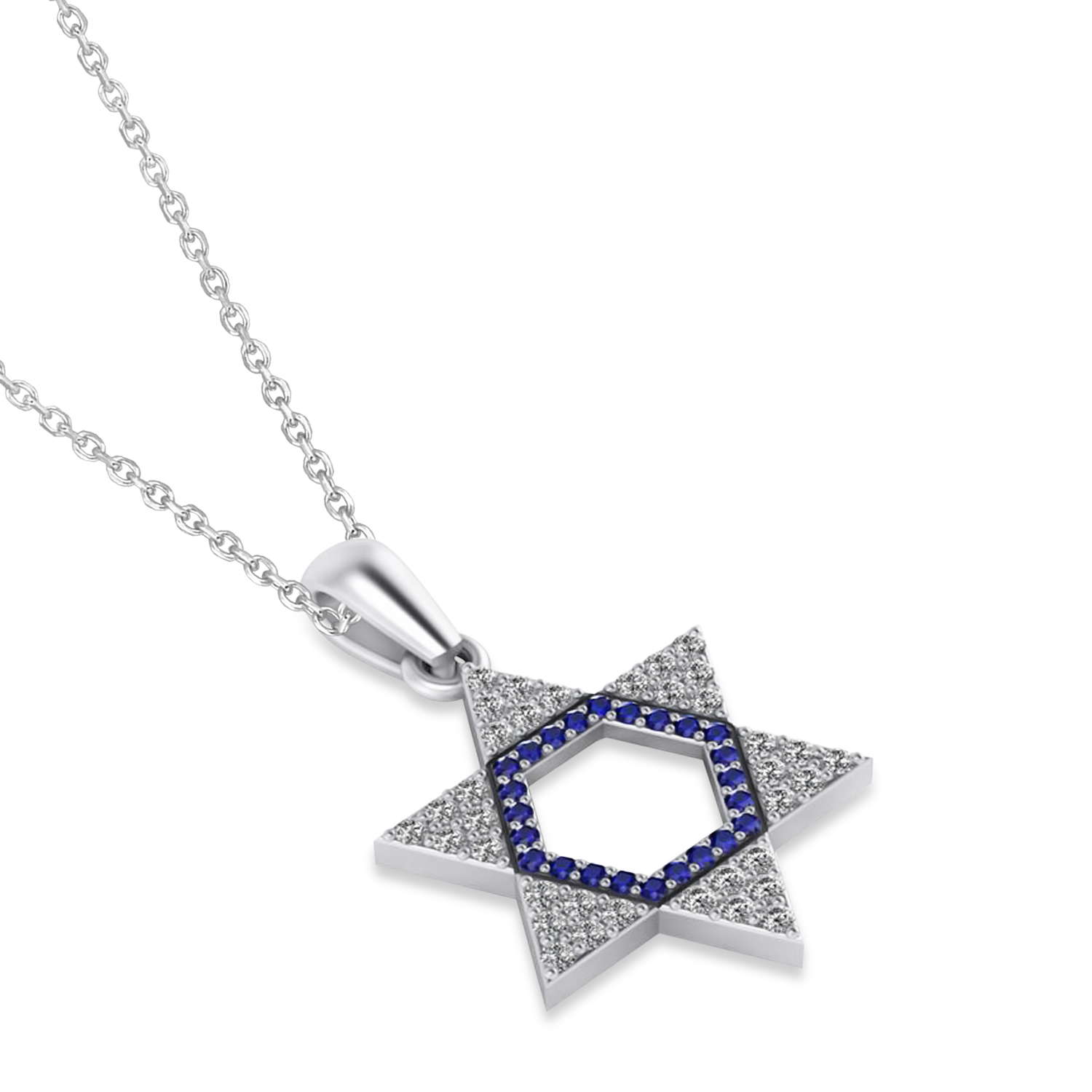 Blue Sapphire & Diamond Jewish Star Of David Pendant Necklace 14K White Gold (0.48ct)