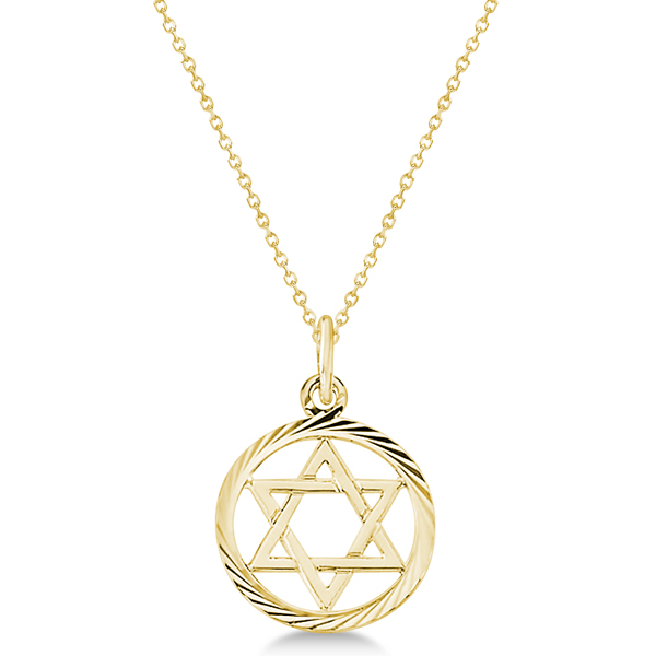 Star of David Pendant for Women Framed in Carved Circle 14k Yellow Gold
