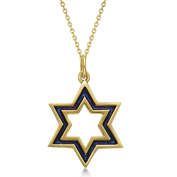 Ladies Star of David Pendant with Blue Enamel in 14K Yellow Gold