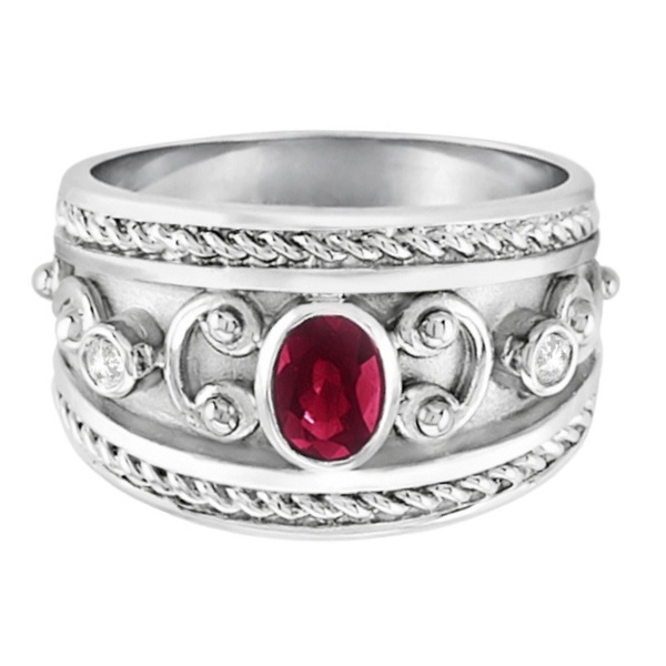 Oval Shaped Ruby & Diamond Byzantine Ring Sterling Silver (0.73ct)