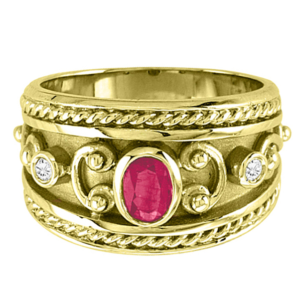 Oval Shaped Ruby & Diamond Byzantine Ring 14k Yellow Gold (0.73ct)
