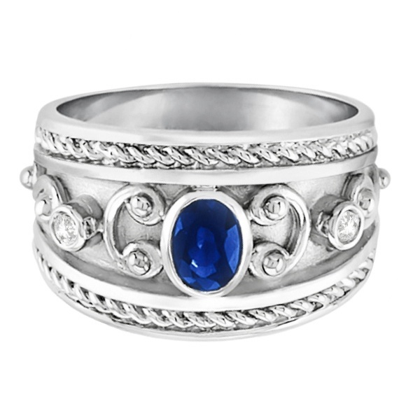 Oval Blue Sapphire & Diamond Byzantine Ring Sterling Silver (0.73ct)