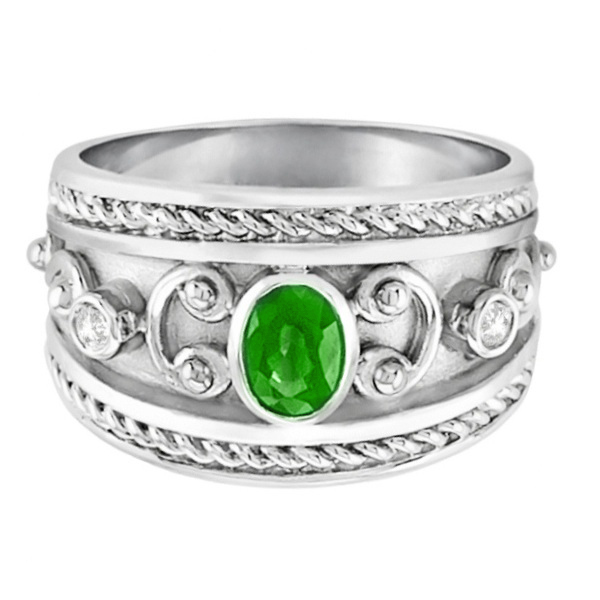 Oval Tzavorite & Diamond Byzantine Ring Sterling Silver (0.73ct)