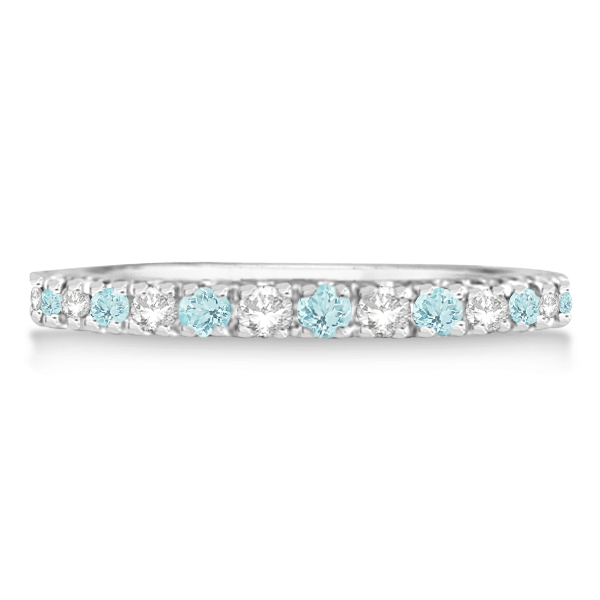Diamond & Aquamarine Ring Guard Anniversary Band 14k White Gold (0.32ct)