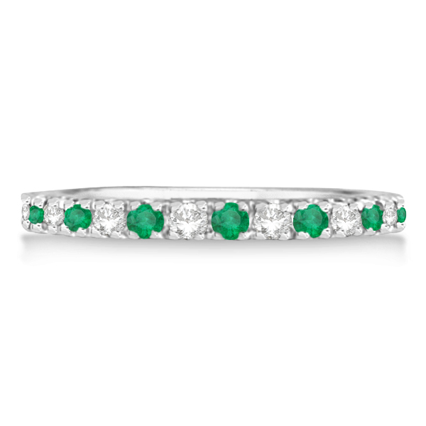 Diamond and Emerald Ring Guard Anniversary Band 14k White Gold (0.32ct)