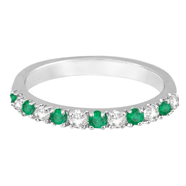 Diamond and Emerald Ring Guard Anniversary Band 14k White Gold (0.32ct)