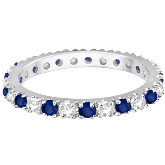Diamond & Blue Sapphire Eternity Band Ring Guard 14K White Gold (0.51ct)