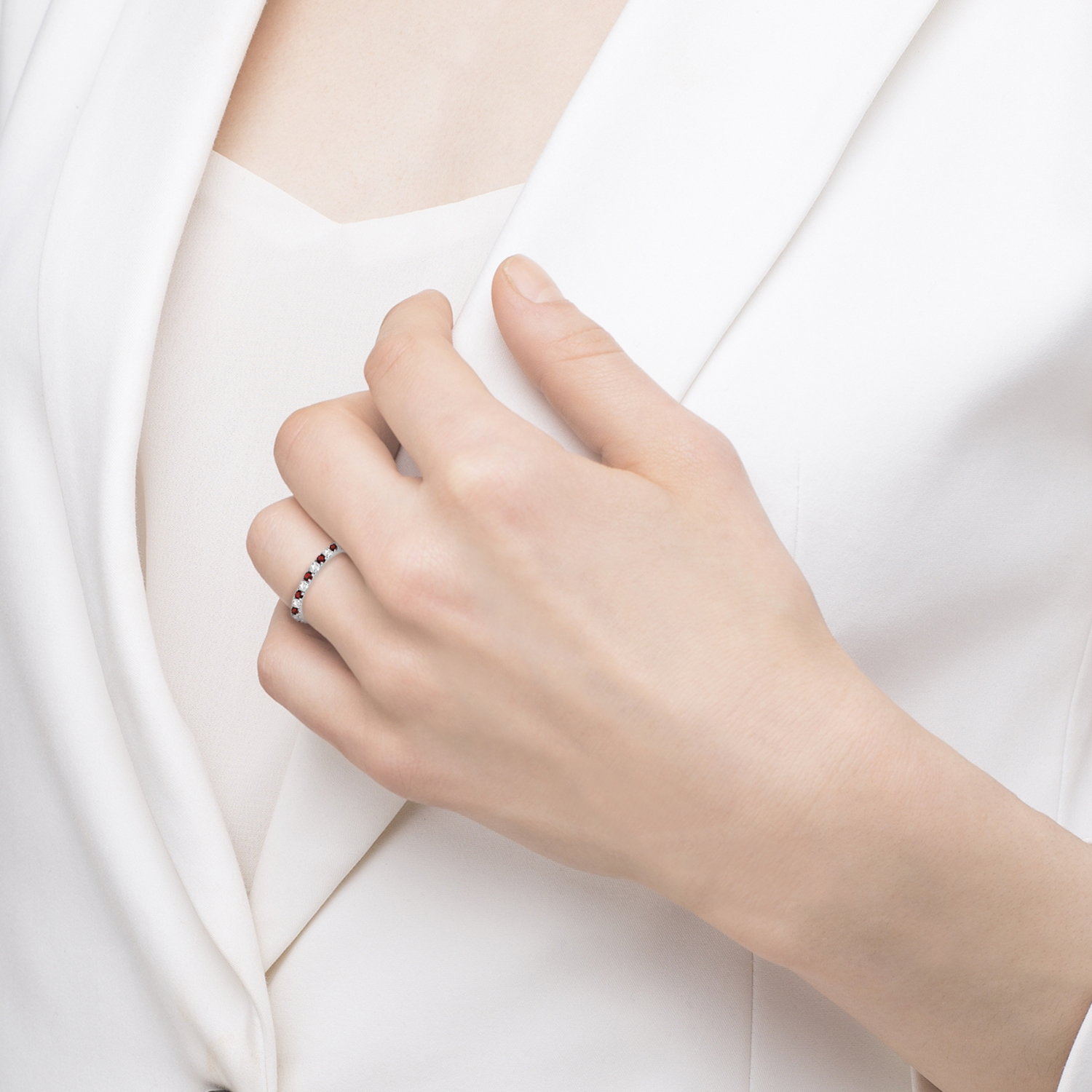 Diamond and Garnet Eternity Band Stackable Ring 14K White Gold (0.51ct)