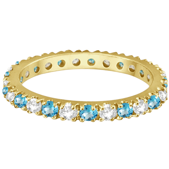 Diamond & Blue Topaz Eternity Ring Guard Band 14K Yellow Gold (0.64ct)