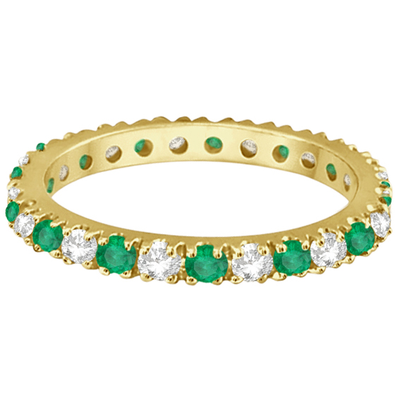 Diamond and Emerald Eternity Ring Guard Band 14K Yellow Gold (0.64ct)
