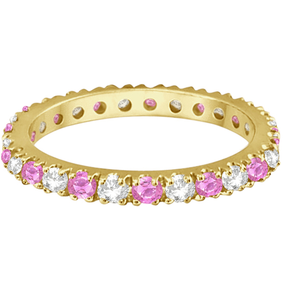 Diamond & Pink Sapphire Eternity Ring Stackable 14k Yellow Gold (0.63ct)