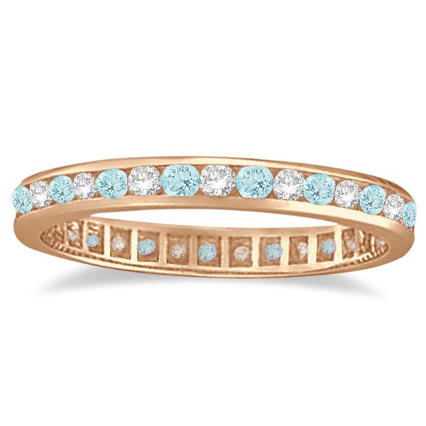 Aquamarine & Diamond Channel-Set Eternity Ring Band 14k Rose Gold (1.04ct)