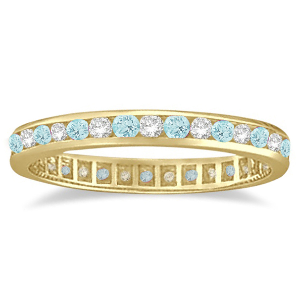 Aquamarine & Diamond Channel-Set Eternity Ring Band 14k Yellow Gold (1.04ct)