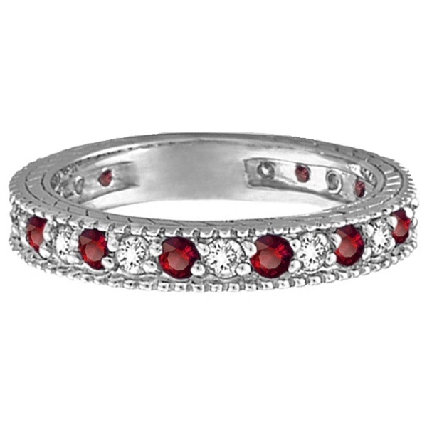 Diamond & Garnet Eternity Ring Filigree Band 14k White Gold (1.08ctw)