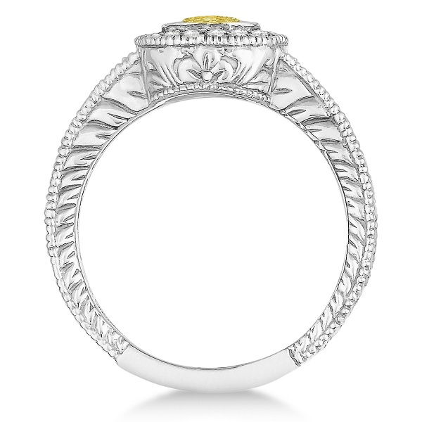 Yellow Canary & White Diamond Antique Style Ring 14K W Gold (0.80ct)