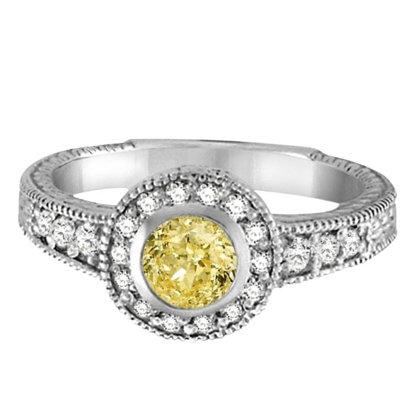 Yellow Canary & White Diamond Antique Style Ring 14K W Gold (0.80ct)
