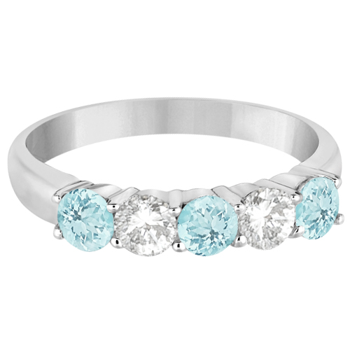 Five Stone Diamond and Aquamarine Ring 14k White Gold (1.36ctw)