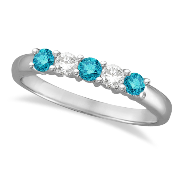 Five Stone White and Blue Diamond Ring 14k White Gold (0.50ctw)
