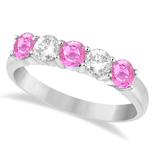 Five Stone Diamond and Pink Sapphire Ring 14k White Gold (1.08ctw)