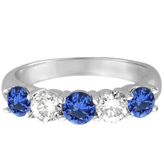 Five Stone Blue Sapphire & Diamond Ring 14k White Gold (1.50ctw)