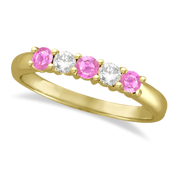 Five Stone Diamond and Pink Sapphire Ring 14k Yellow Gold (0.55ctw)