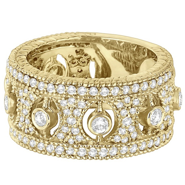 Vintage BezelSet Wide Band Diamond Ring 14k Yellow Gold 1.70ct IR563