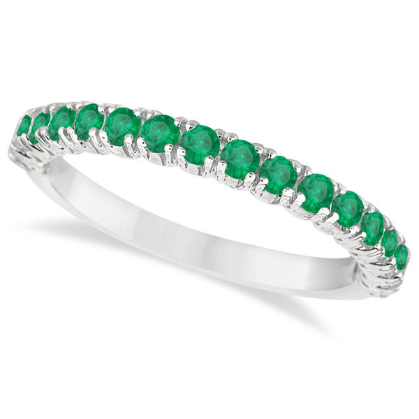 Half-Eternity Pave-set Lab Emerald Stacking Ring 14k White Gold (0.95ct)
