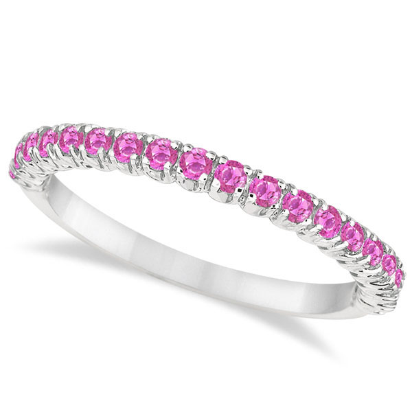 Half-Eternity Pave Thin Lab Pink Sapphire Stack Ring 14k White Gold (0.65ct)
