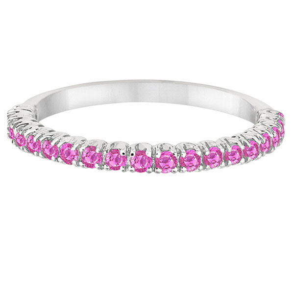 Half-Eternity Pave Thin Lab Pink Sapphire Stack Ring 14k White Gold (0.65ct)