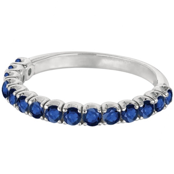Blue Sapphire Semi-Eternity Ring Band 14k White Gold (1.09ct)