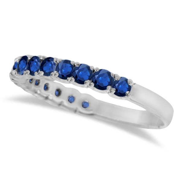 Blue Sapphire Semi-Eternity Ring Band 14k White Gold (1.09ct)
