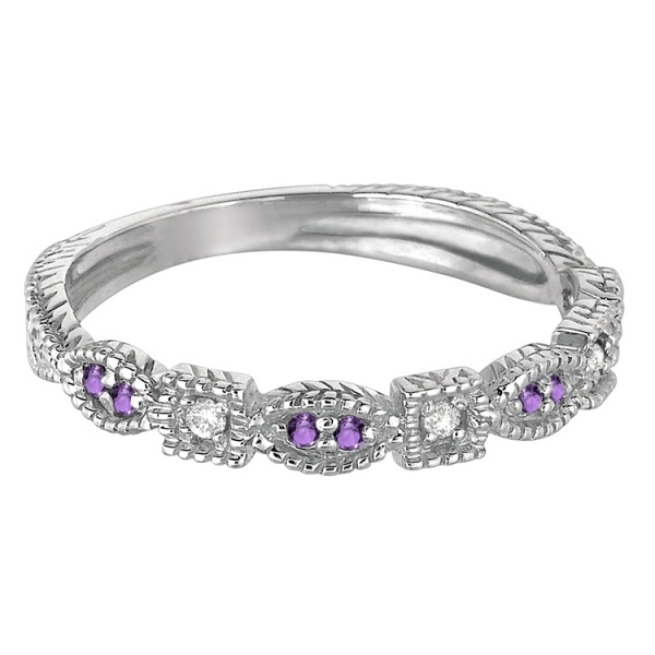 Vintage Stackable Diamond & Amethyst Ring 14k White Gold (0.15ct)