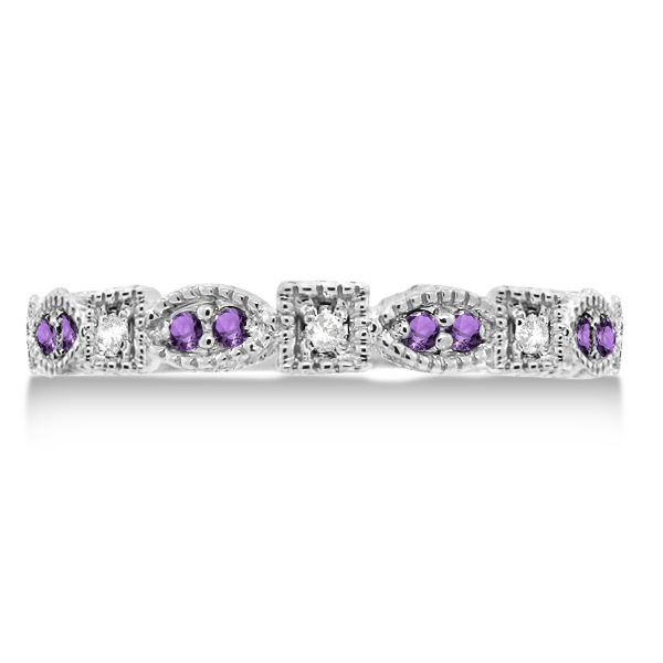 Vintage Stackable Diamond & Amethyst Ring 14k White Gold (0.15ct)