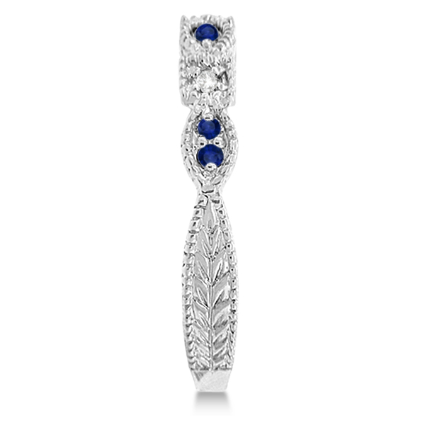 Vintage Stackable Diamond & Blue Sapphire Ring 14k White Gold (0.15ct)