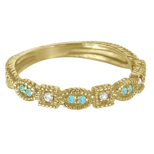 Vintage Stackable Diamond & Aquamarine Ring 14k Yellow Gold (0.15ct)