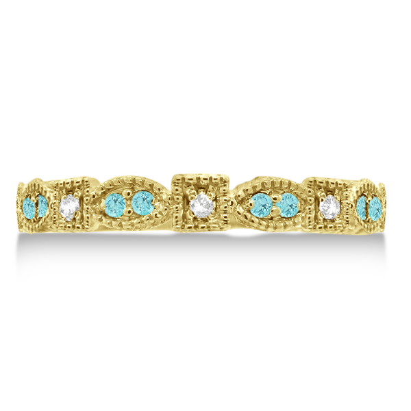 Vintage Stackable Diamond & Aquamarine Ring 14k Yellow Gold (0.15ct)